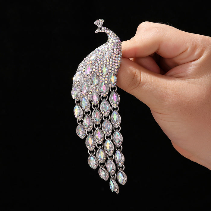 Wholesale Diamond-encrusted Retro large long-tail crystal peacock tassel brooch sweater jewelry