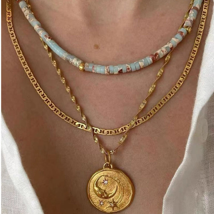 Wholesale Gemstone beaded moonstone patterned green water wave chain star and moon pendant stacked necklace