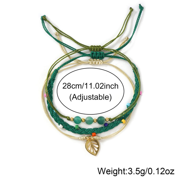 Wholesale Beach Vacation Style Wax Thread Bracelet With Multi Layer Green Natural Stone Beads And Leaf Pendant Everyday Fashion Accessory