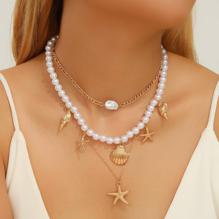 Wholesale Starfish Shell Pearl Pendant Necklace Clavicle Chain for Women