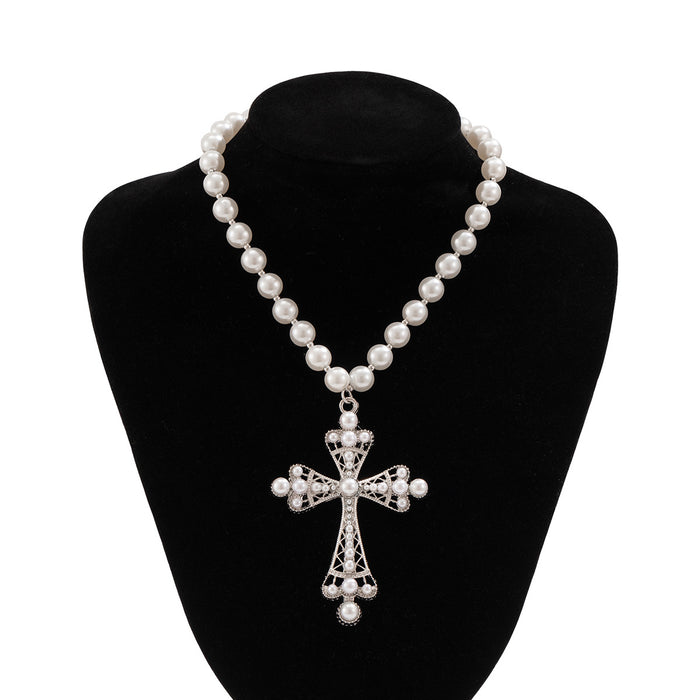 Wholesale Fashion multi-layer imitation pearl cross collar, geometric alloy collarbone chain for accessories
