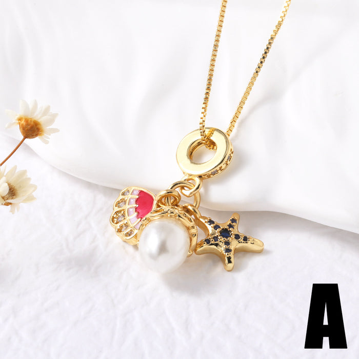 Wholesale  Pearl Flower Starfish Sailing Pendant Necklace Gold Plated Collarbone Chain