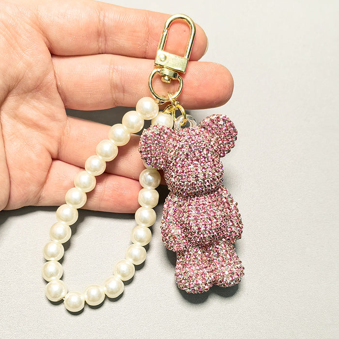 Wholesale Pearl Lanyard Mini Edition Diamond-encrusted Violence Bear Car Keychain Pendant Doll Pendant Accessories Bear Lanyard Women