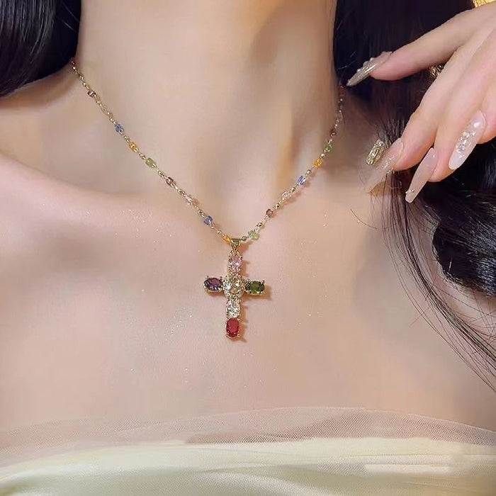 Wholesale Colorful cross, contrasting crystal necklace, niche design, temperament, super sparkling zirconia lock chain