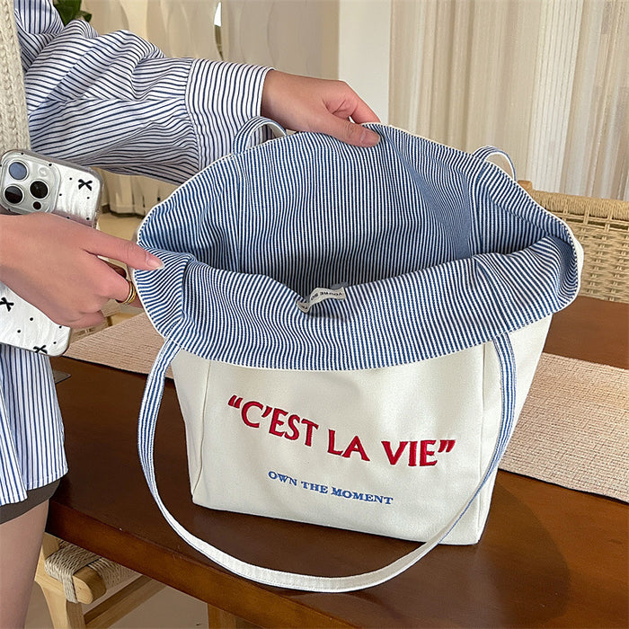 Wholesale New embroidered fashionable canvas bag shoulder bag casual large capacity commuting tote bag