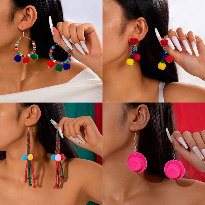 Wholesale Christmas Colorful Woven Pompom Flocked Drop Earrings Women Jewelry Accessory MOQ≥2