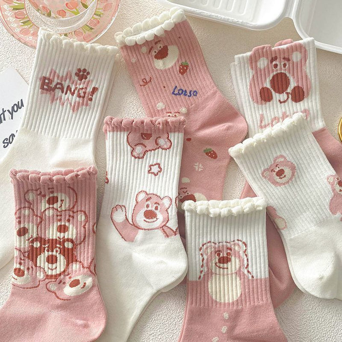 Wholesale Pink Socks Women's Mid-barrel All-match Autumn and Winter Cute Bear Sweet All-match Student Sports Stockings