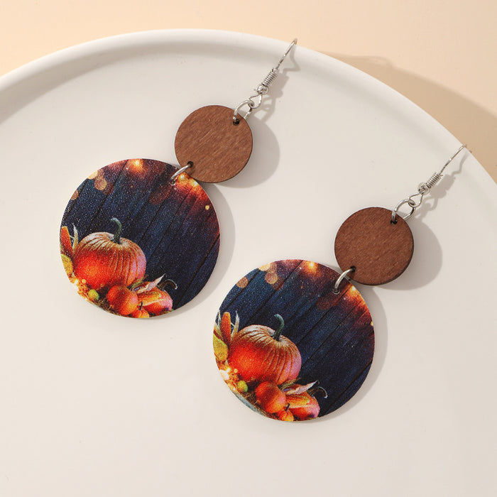 Wholesale Thanksgiving Pumpkin Western Leopard Print Sunflower Eyes Round Leather Wood Block Earrings