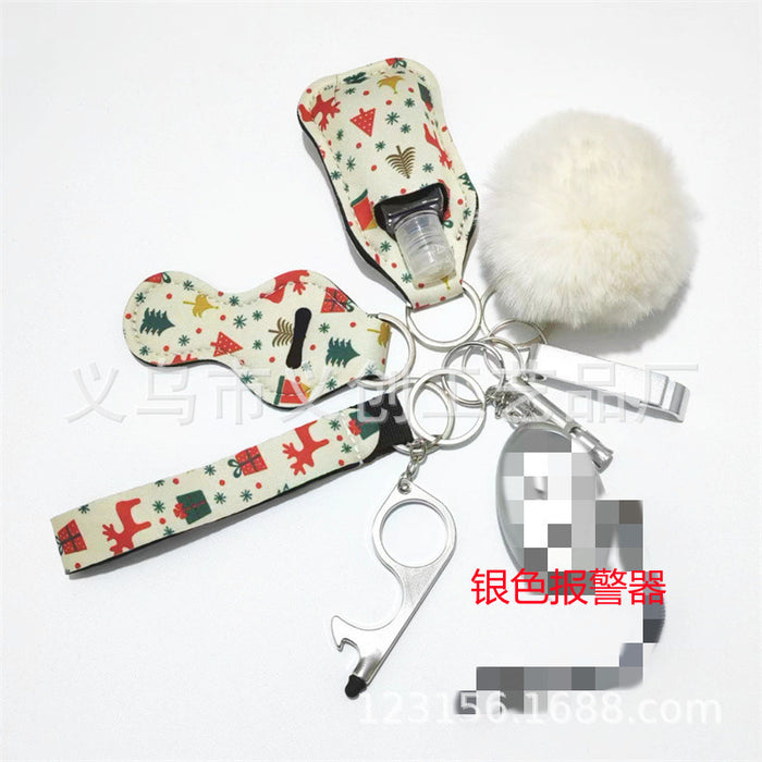 Wholesale Stylish Women S Christmas Pattern Self Defense Keychain 9 Piece Set With LED Alarm Metal Electroplated Party Gift And Decorative Accessory