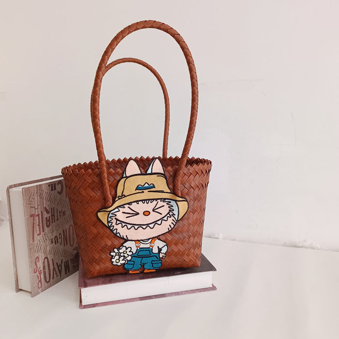 Wholesale Cartoon Woven Bag Large Capacity Work Bag Hand Woven Vegetable Basket Handbag