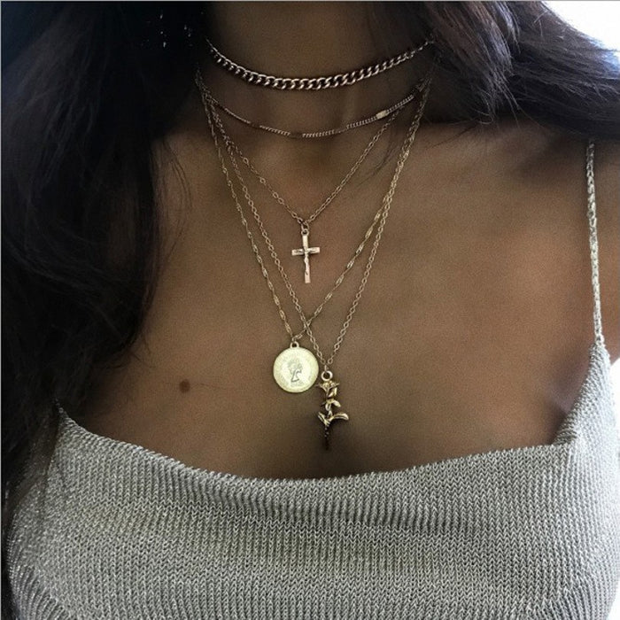 Wholesale Trendy New Fashionable Personalized Cross Rose Multi layer Necklace Combination Jewelry
