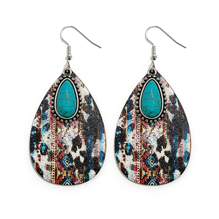 Wholesale Wooden earrings with vintage Aztec pattern water droplet earrings and classic patchwork earrings