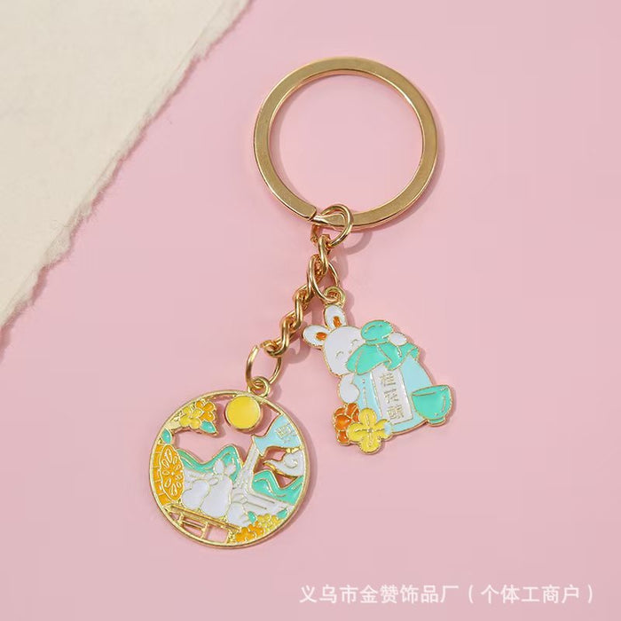 Wholesale Cartoon keychain pendant metal jade rabbit moon cake creative Mid-Autumn Festival souvenir pendant gift small gift