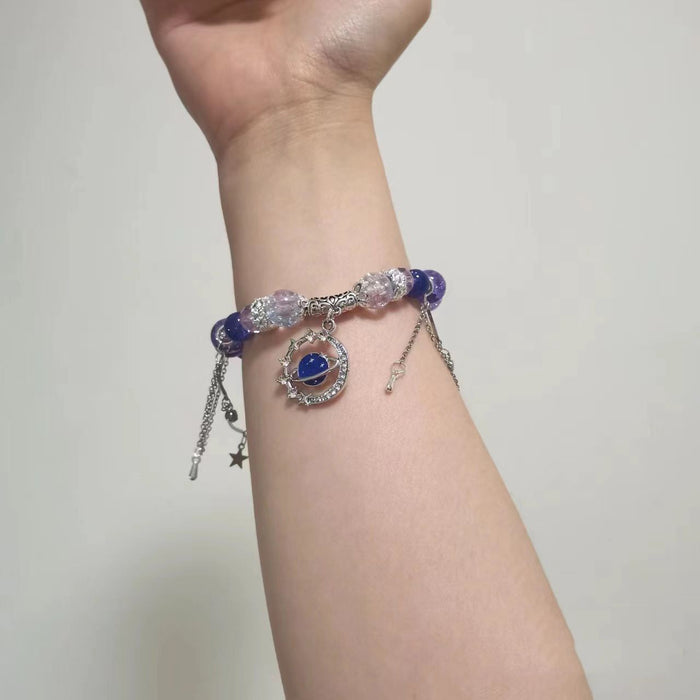 Wholesale Ice transparent purple butterfly tassel bracelet with niche design, handmade bead jewelry