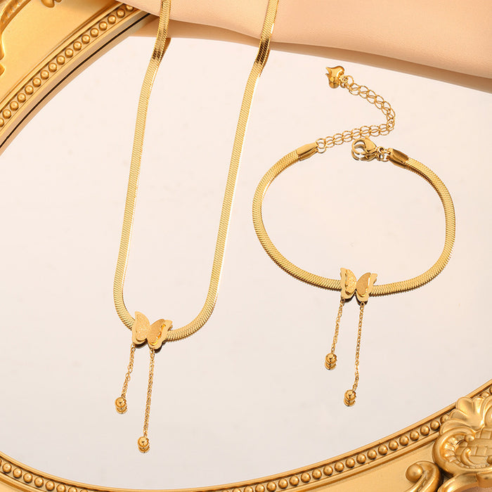Wholesale Accessories niche luxury stainless steel real gold frosted butterfly pendant exquisite tassel collarbone chain bracelet set