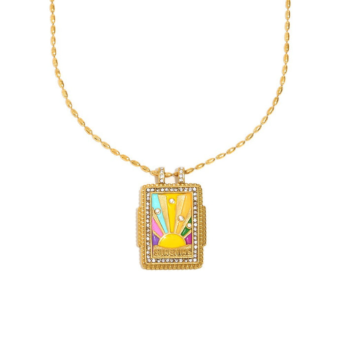 Wholesale Stainless steel jewelry trendy gold plated tarot card square pendant with dripping oil round flower necklace