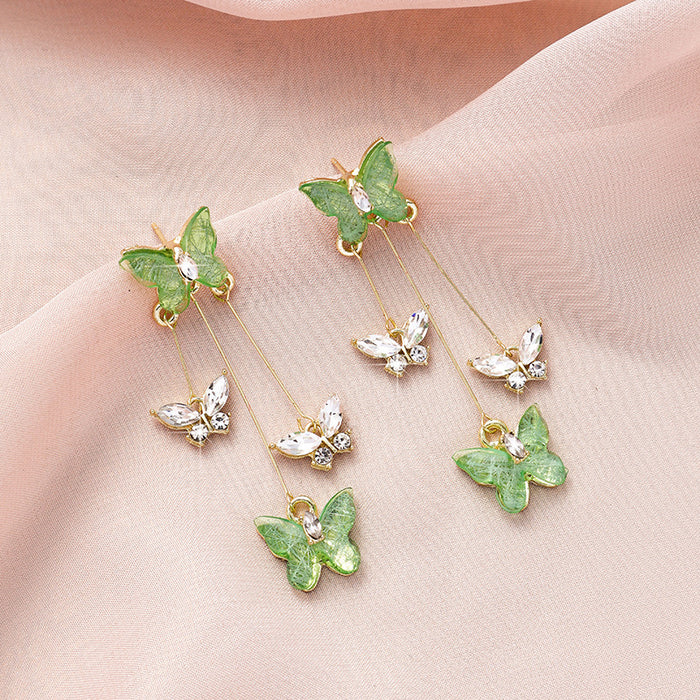 Wholesale Silver Needle Butterfly Earrings, Light Luxury, High Grade, Sparkling Diamond Long Earrings, Retro Style Earrings