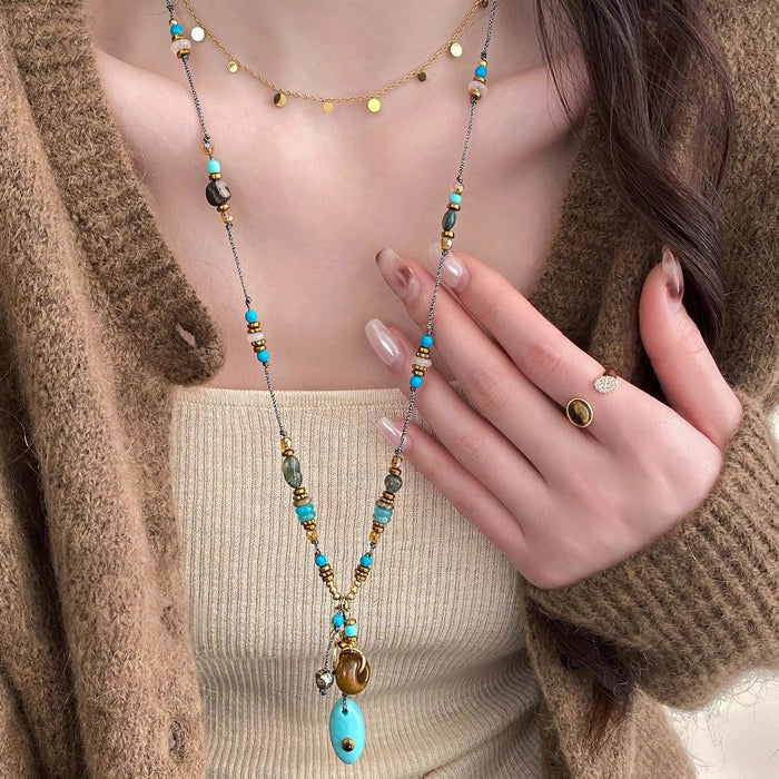 Wholesale Retro Turquoise Beaded Layered Necklace Chinese Ethnic Style Collarbone Chain Chic Jewelry Accessory