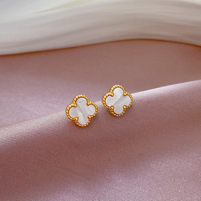 Wholesale Simple Titanium Steel Mother-of-Pearl Clover Minimalist Style Earrings JDC-ES-LG004