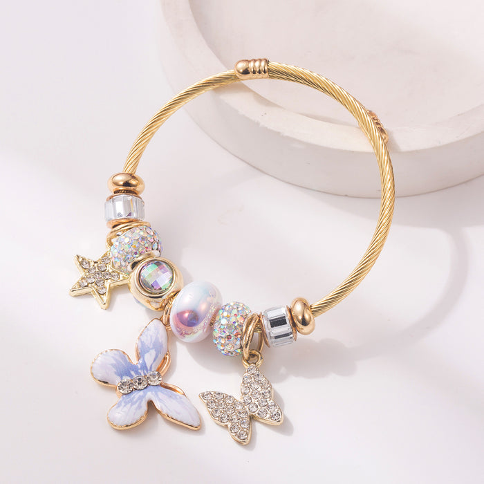 Wholesale Trendy Pink Adjustable Stainless Steel Bangle Bracelet With Rhinestone Butterfly Pendant And Star Accents Fashion Accessory For Resale