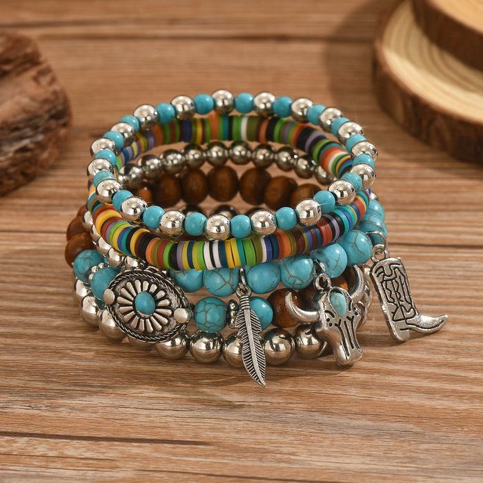 Wholesale Retro Turquoise Wood Bead Bead Alloy Elastic Thread Multi piece Bracelet Set