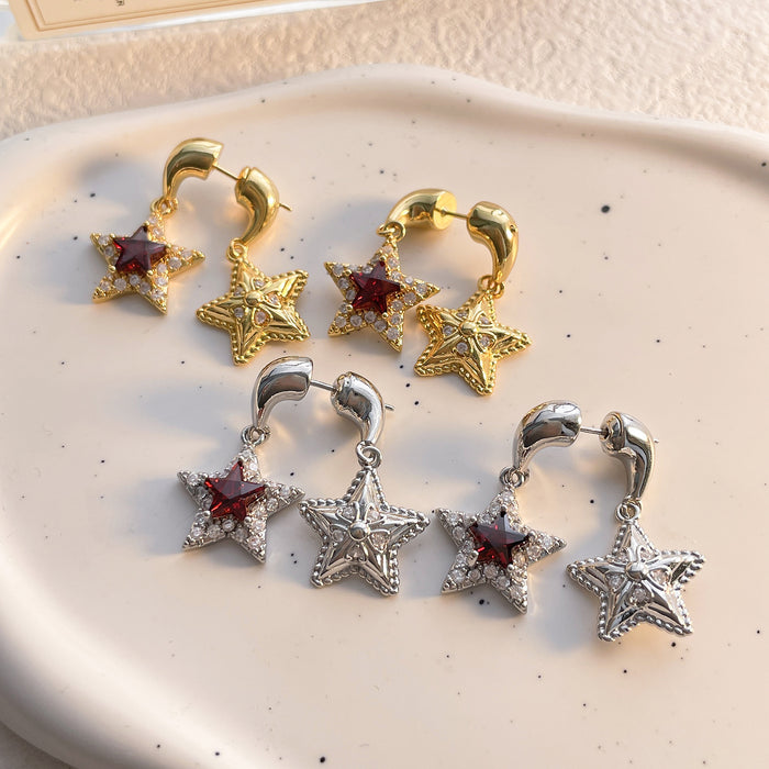 Wholesale Twin Star Sparkling Tassel Gold-Plated Copper Earrings