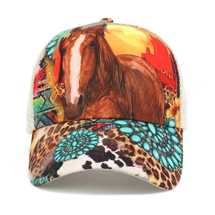 Wholesale Cotton Western Style Horse Turquoise Baseball Cap Mesh Cap JDC-FH-RongZ008