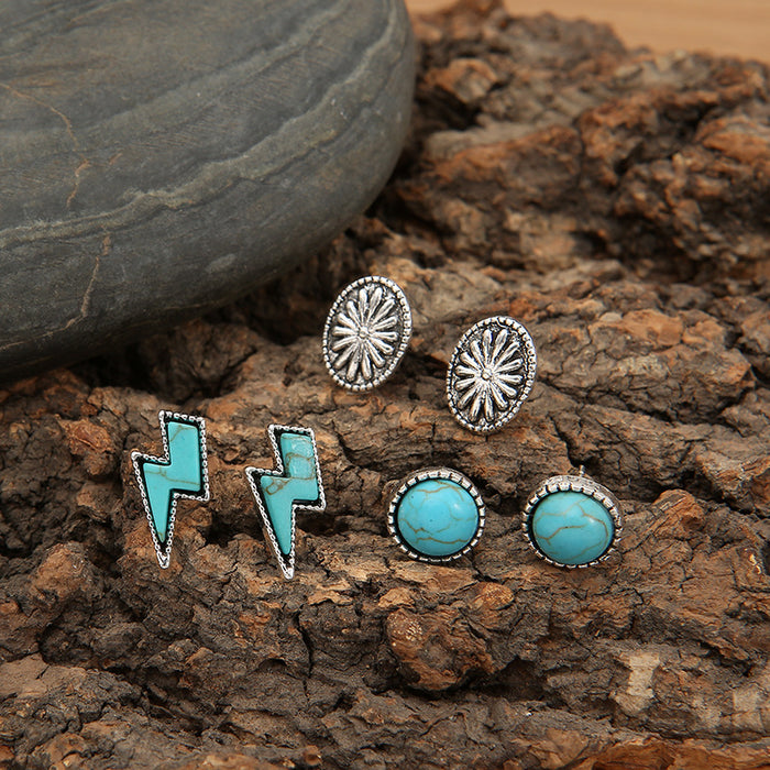 Wholesale Turquoise earrings lightning turquoise alloy earrings three piece set