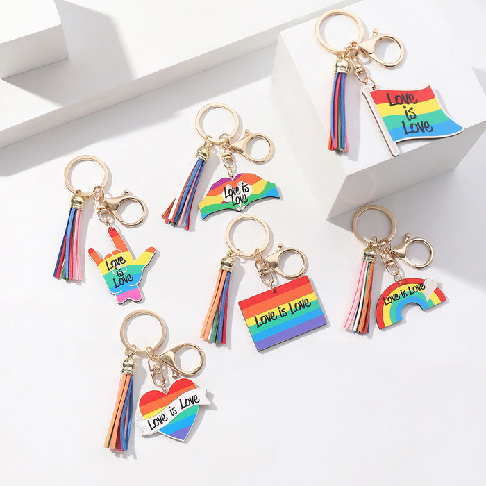 Wholesale Pride Day Love Rainbow Tassel Wooden Keychain JDC-KC-RongRui017