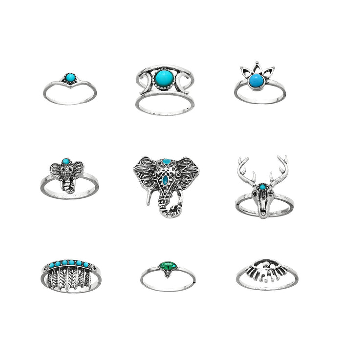 Wholesale 2pcs Retro Personalized Turquoise 9-Piece Set Ring