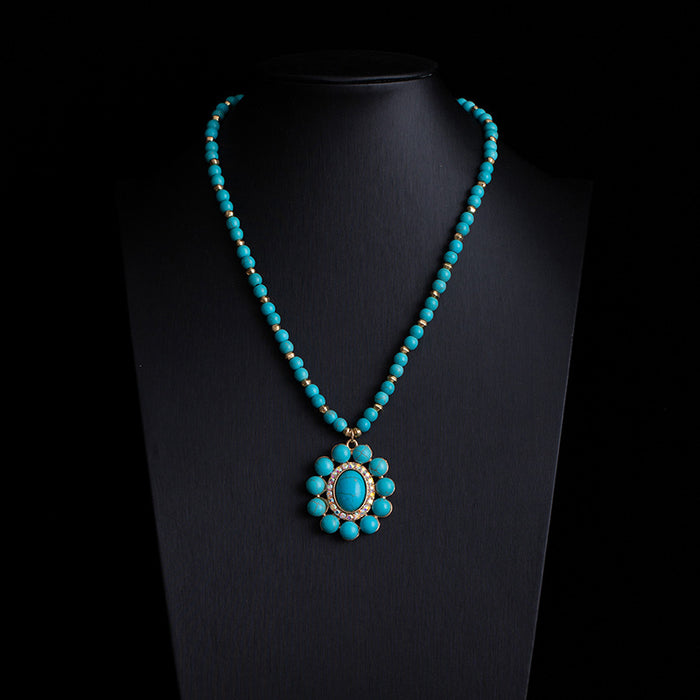Wholesale Retro ethnic style turquoise necklace Western cowboy style stacking necklace high-end Bohemian sweater chain