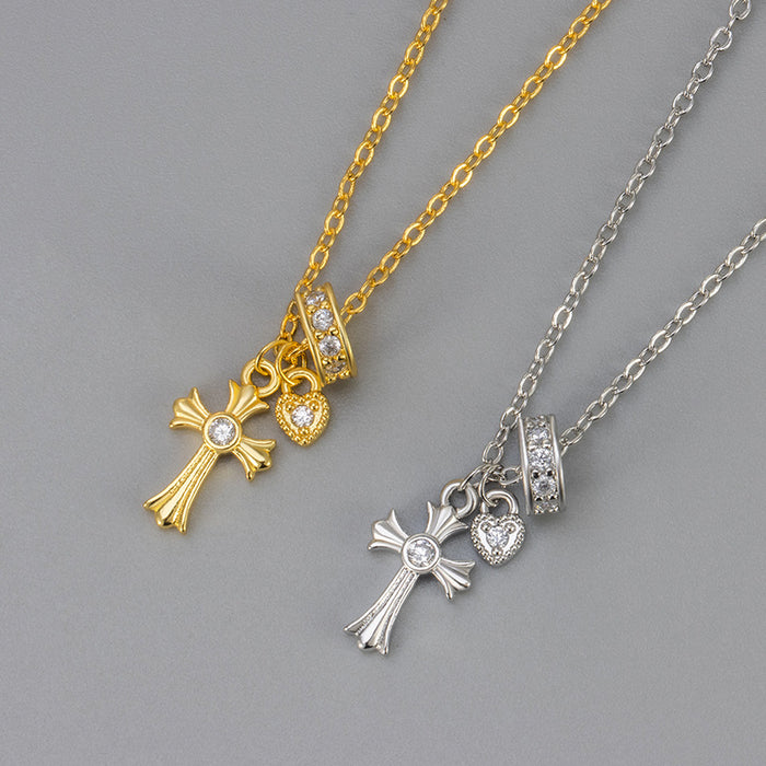 Wholesale New compact dot diamond cross heart necklace, niche fashion, versatile, light luxury, white collarbone chain
