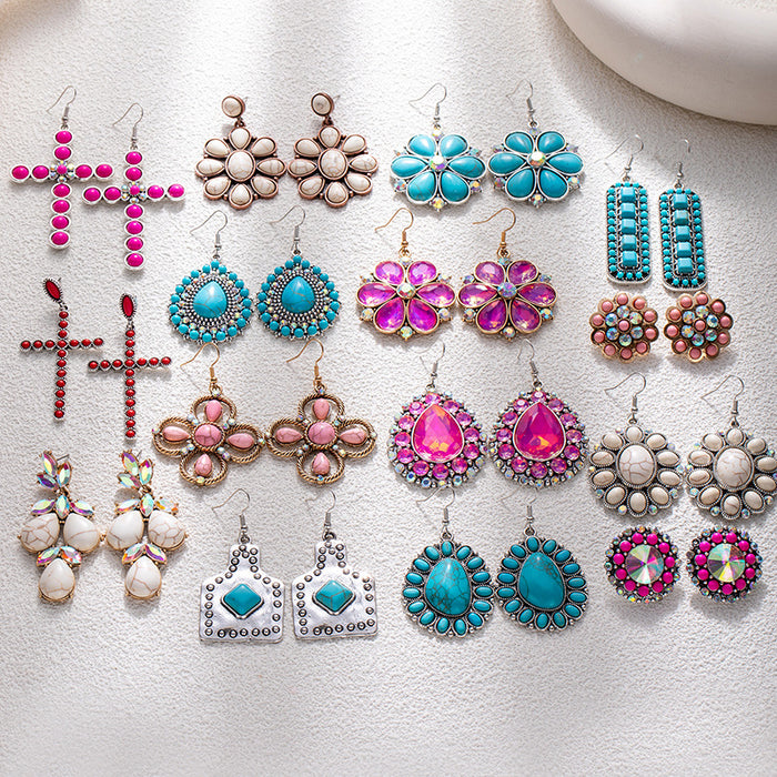 Wholesale Retro ethnic turquoise flower earrings
