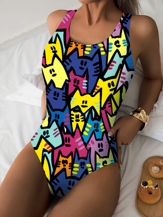 Wholesale New ladies' elegant temperament waist cinching one-piece swimsuit with cute pattern printed swimsuit