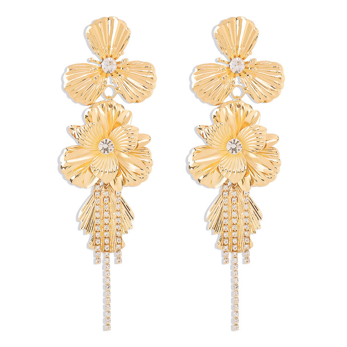 Wholesale Metal Style Three-dimensional Floral Rhinestone Tassel Alloy Earrings JDC-ES-QianDi021