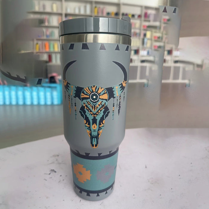 Wholesale Bull Head Print 40oz ice bullies cup Stainless Steel Car Cup with Handle
