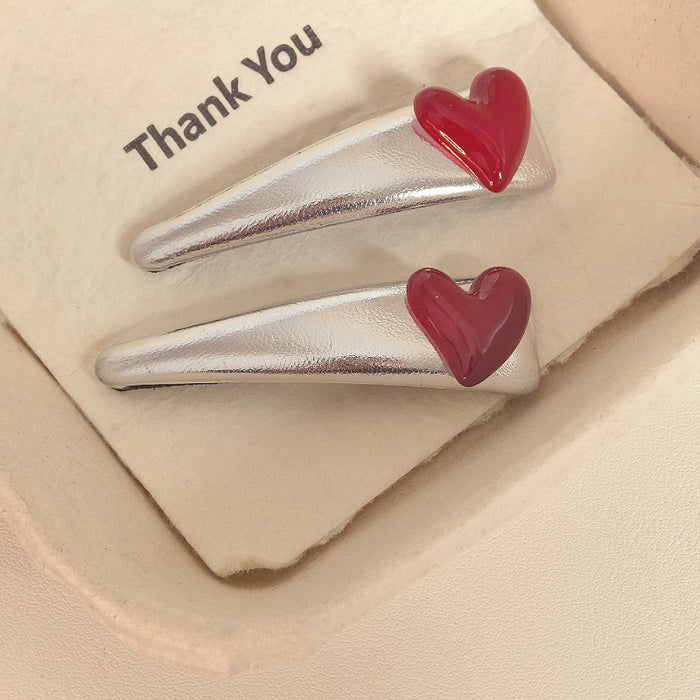 Wholesale Silver white leather hair clip, red heart hair accessory, exquisite broken hair, bangs clip, side clip