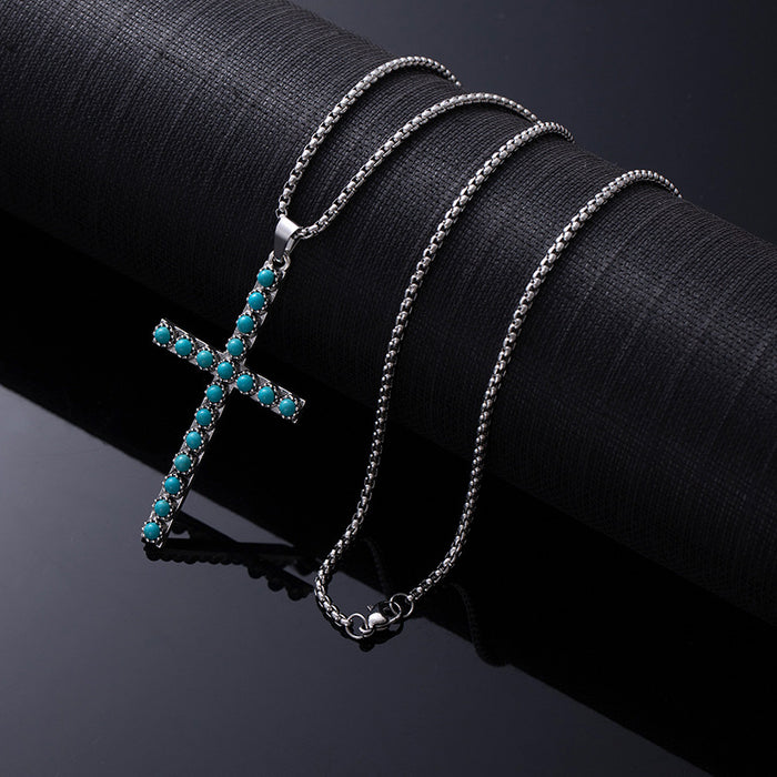 Wholesale Retro Western style natural turquoise necklace,  retro versatile titanium steel chain,  ethnic accessories