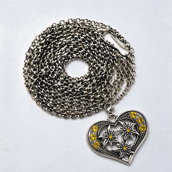 Wholesale Retro Edelweiss Long Pendant Necklace Red Heart Shaped Alloy Charm Bavarian Beer Festival Style Layered Fashion Jewelry Accessory