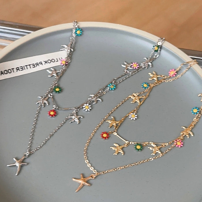 Wholesale Stacked bead retro necklace fashionable sunflower collarbone chain light luxury niche neck necklace