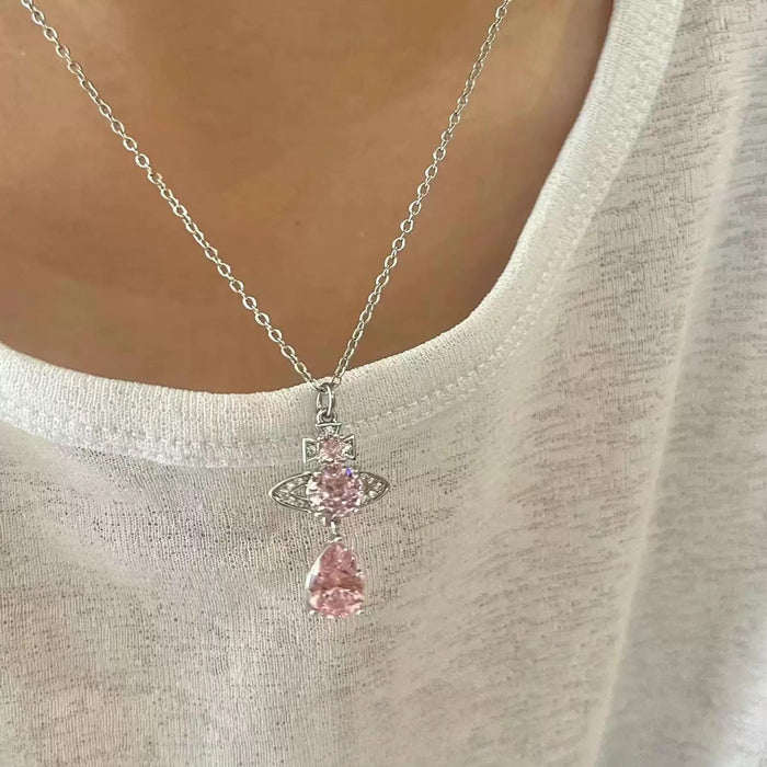 Wholesale Saturn Mermaid Tears Pink Tear Zirconia Stainless Steel Necklace