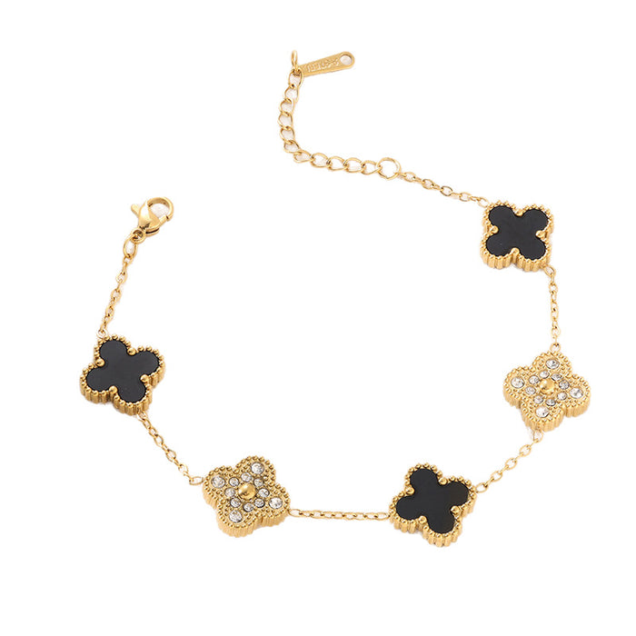 Wholesale Four leaf clover light luxury design double-sided five flower bracelet with diamond inlaid and flower titanium steel