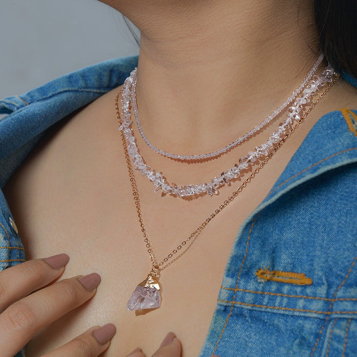 Wholesale Natural stone bead necklace with natural raw stone pendant three-layered design