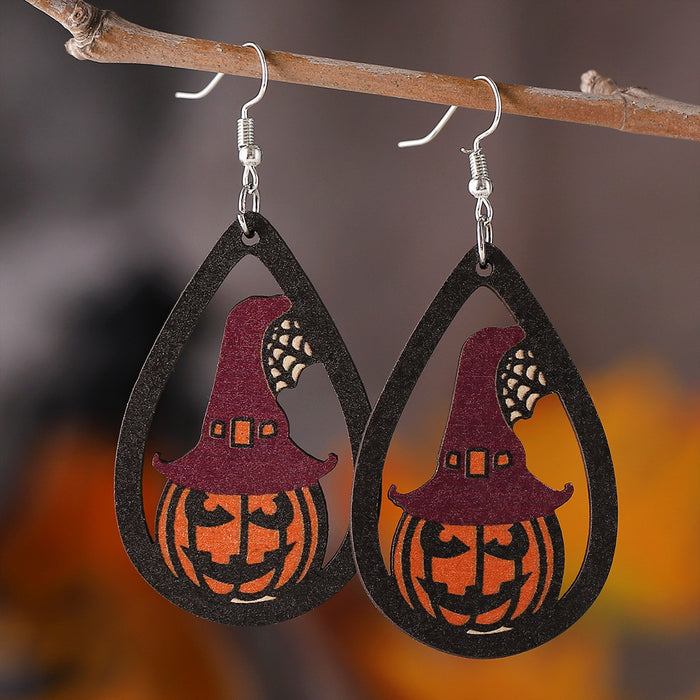 Wholesale  Gothic style ghost face pumpkin witch hat witch boots pendant earrings wooden double-sided earrings