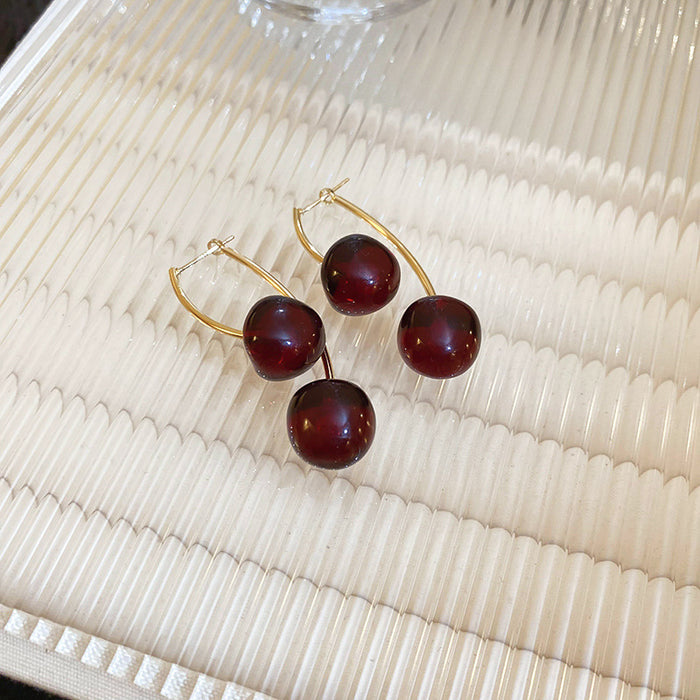 Wholesale dark red resin cherry fruit silver pin earrings high-end earrings women