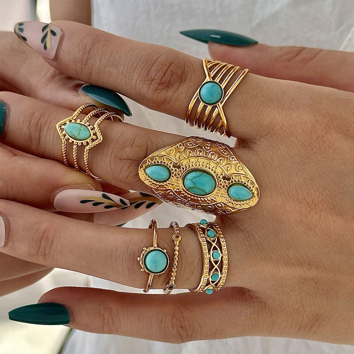 Wholesale stainless steel gold-colored turquoise adjustable ring