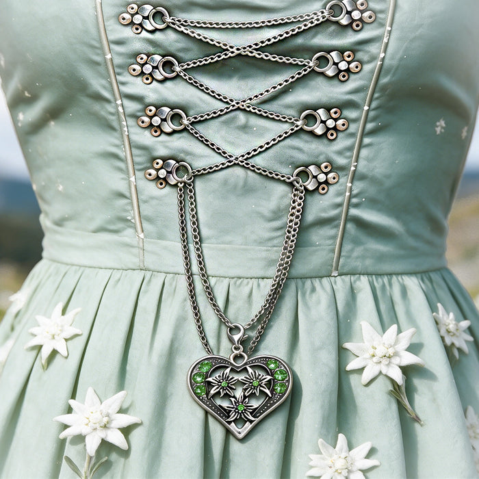 Wholesale Retro Edelweiss Long Pendant Necklace Red Heart Shaped Alloy Charm Bavarian Beer Festival Style Layered Fashion Jewelry Accessory