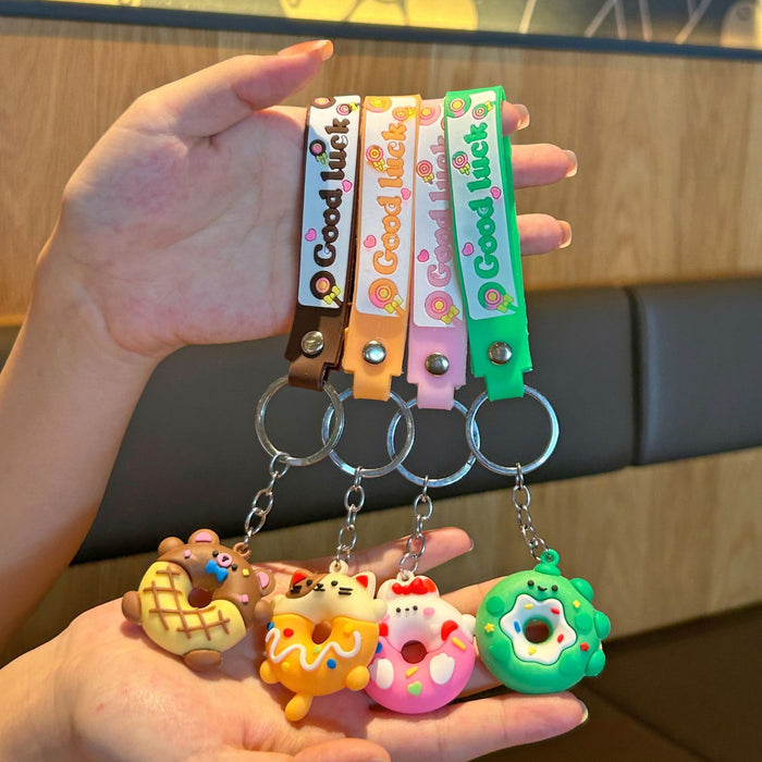 Wholesale PVC Cartoon Donut Keychain With Leather Strap Cute Car Bag Charm Gift For Resale