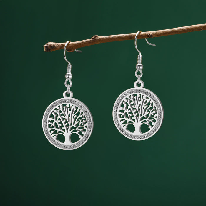 Wholesale Diamond-studded tree round pendant earrings stainless steel women's jewelry