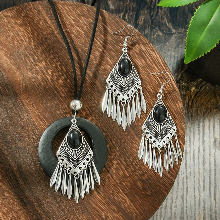 Wholesale Ethnic Geometric Antique Silver Alloy Earring Necklace Set - 4 Styles MOQ≥2